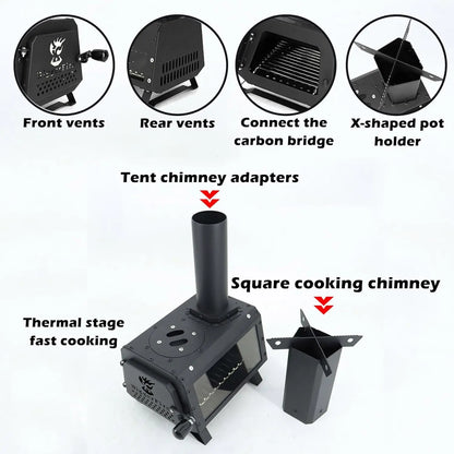 Wood Burning Stove with Fire Window,Portable Tent Stove with 7 Sectional Chimney Pipes,Sturdy Camping Wood Stove with X-shaped P
