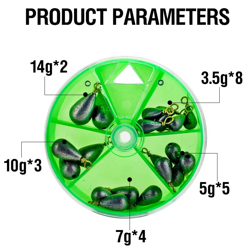 22Pcs/Box Fishing Sinkers Drop-shaped Fishing Weights With Swivel Ring Accessories Swivel Pesca Metal Jig Cast Tackle Sinker
