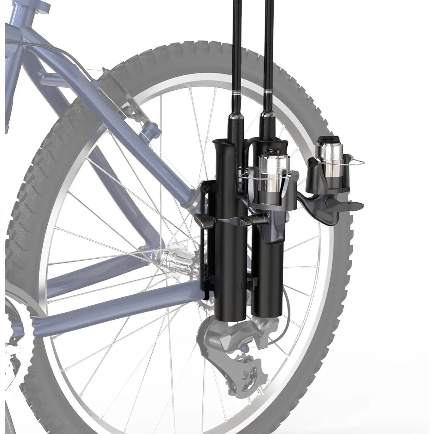 Bike Fishing Rod Holder for Bicycle, Secures 2 Fishing Poles with Easy Mount Clamps, Durable ABS Rod Rack for Transport