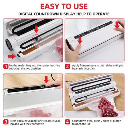 90W High Power Vacuum Sealer 62KPA Strong Suction Digital Countdown Dry & Wet Food Sealer Machine with 20pcs Bags for Home Refrigerator Sous Vide Cooking