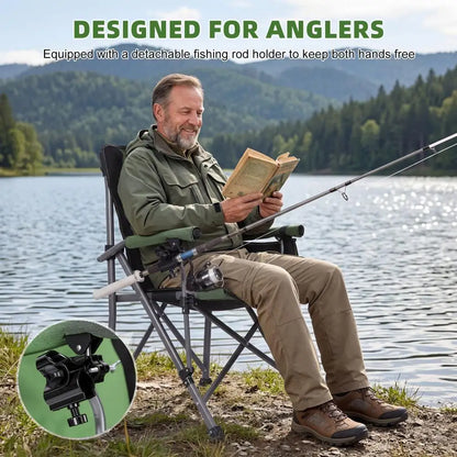 Portable Folding Fishing Chair with Rod Holder Side Pocket, Cup Holder, 150Kg Heavy Duty Outdoor Chair, Armchair for Camping