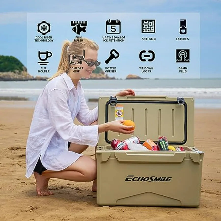 Rotomolded cooler for outdoor adventures, polyethylene material, charcoal black, ultra-durable ice retention up to 10 days