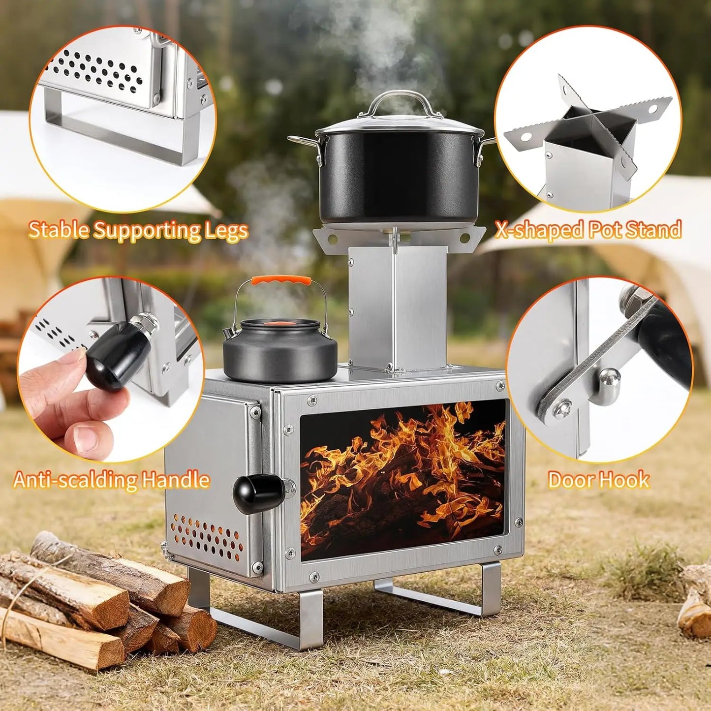 Camping Stove for Hot Tents, LAMA 304 Stainless Steel Wood Burning Stove with Stainless Wall Chimney Pipes for Tents, Shelter, O
