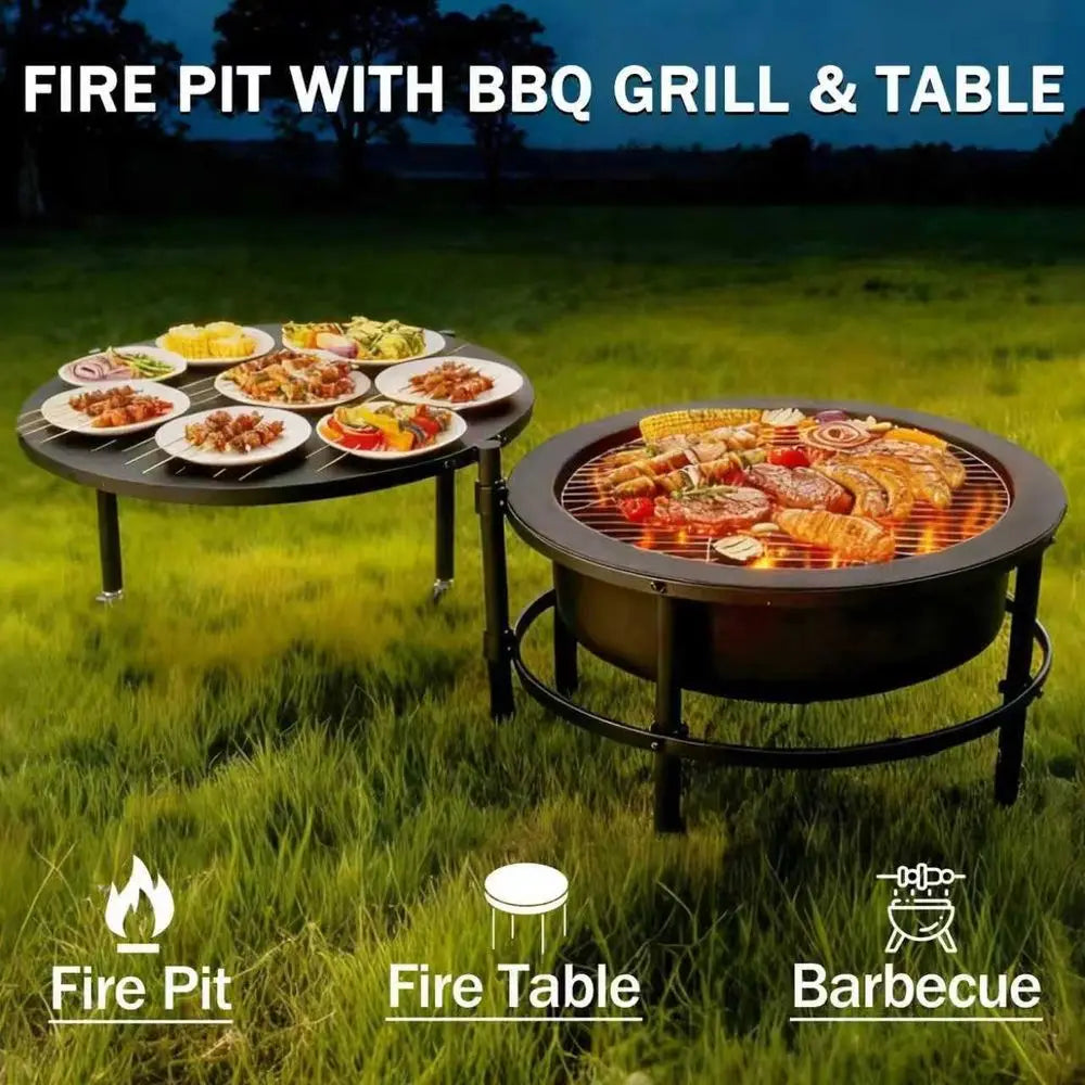 Fire Pits for Outside Wood Burning, 52" Large Outdoor Fire Pit Stove with Roating Table and BBQ Grill, Cold Finished Steel Round