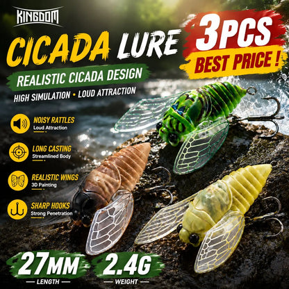 Kingdom 3pcs New Cicada Fishing Bait 27mm 2.4g Topwater Bionic Insect With Swings Artificial Hard Wobbers For Bass Trout Fishing
