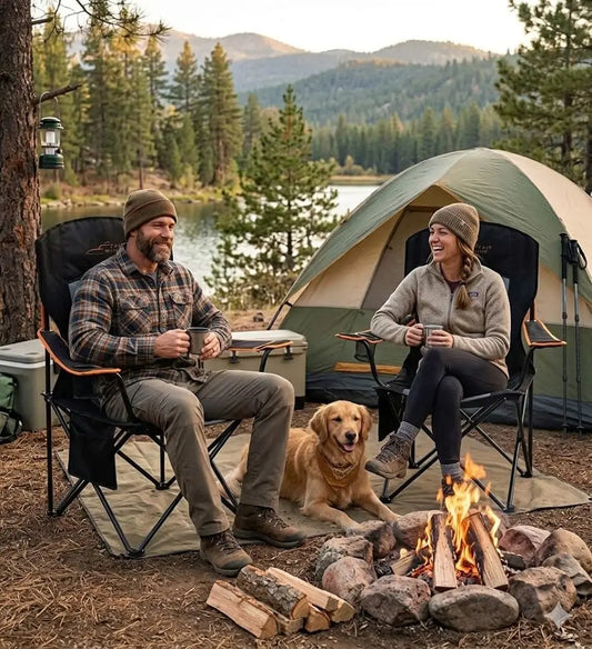 2 Pack Oversized Padded Camping Chair Heavy Duty Quad Fold Arm Support 350 LBS with Cup Holder Portable Outdoor Black