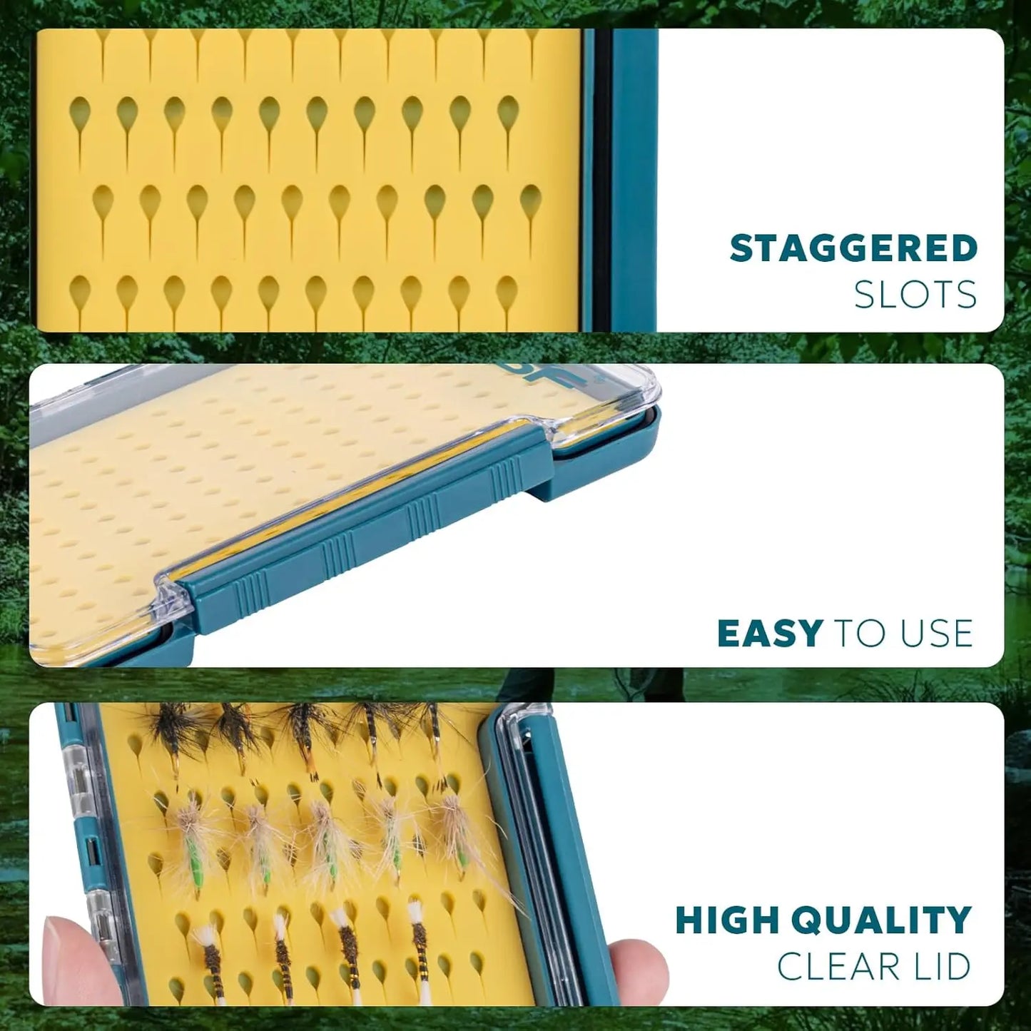 Slim Fly Fishing Box - Thin Trout Flies Storage, Clear Lid, Yellow Silicone, Waterproof, Large