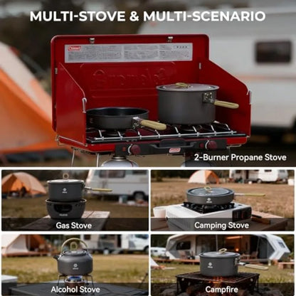 Lightweight Camping Pots and Pans Set with Kettle - Portable Outdoor Cookware Mess Kit for 2 - Durable Aluminum Cooking Gear in