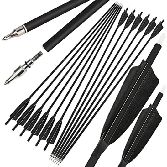 30 Inch Archery Carbon Arrows Hunting Arrows with 4 Turkey Feather Removable Tips Targeting Practice Arrows 500 Spine for Compo
