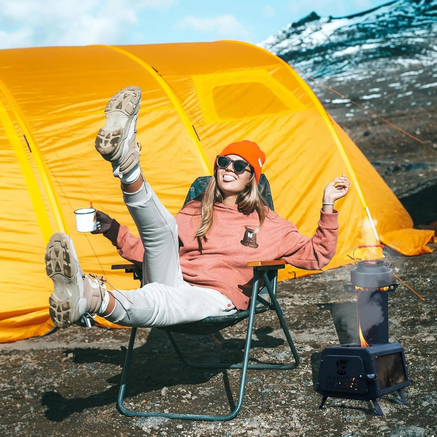Wood Burning Stove with Fire Window,Portable Tent Stove with 7 Sectional Chimney Pipes,Sturdy Camping Wood Stove with X-shaped P