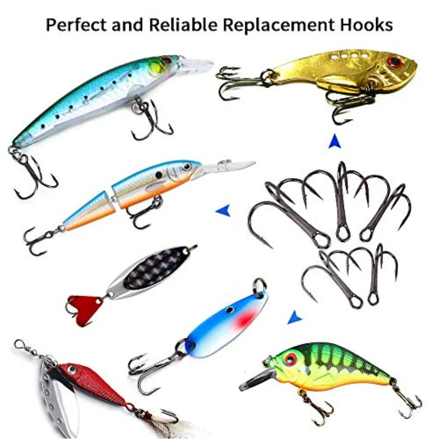Fishing Hooks Treble Hooks Kit for Saltwater Freshwater, High Carbon Steel Strong Sharp Round Bend for Catfish Trout Hard Baits