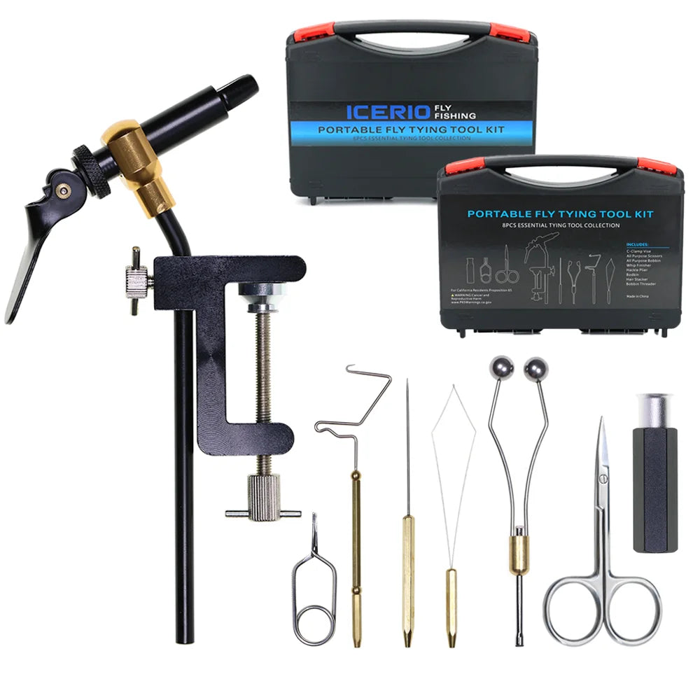 8pcs/set Portable Fly Tying Tool Kit Hardened Steel C-Clamp Vise Bobbin Holder Threader Whip Finisher Hair Stacker Bodkin Needle