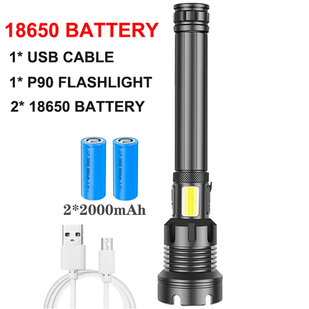 Rechargeable Super Bright Tactical Flashlight High Lumens Zoomable LED Flashlight With COB Side Light 7Modes Floodlight Torch