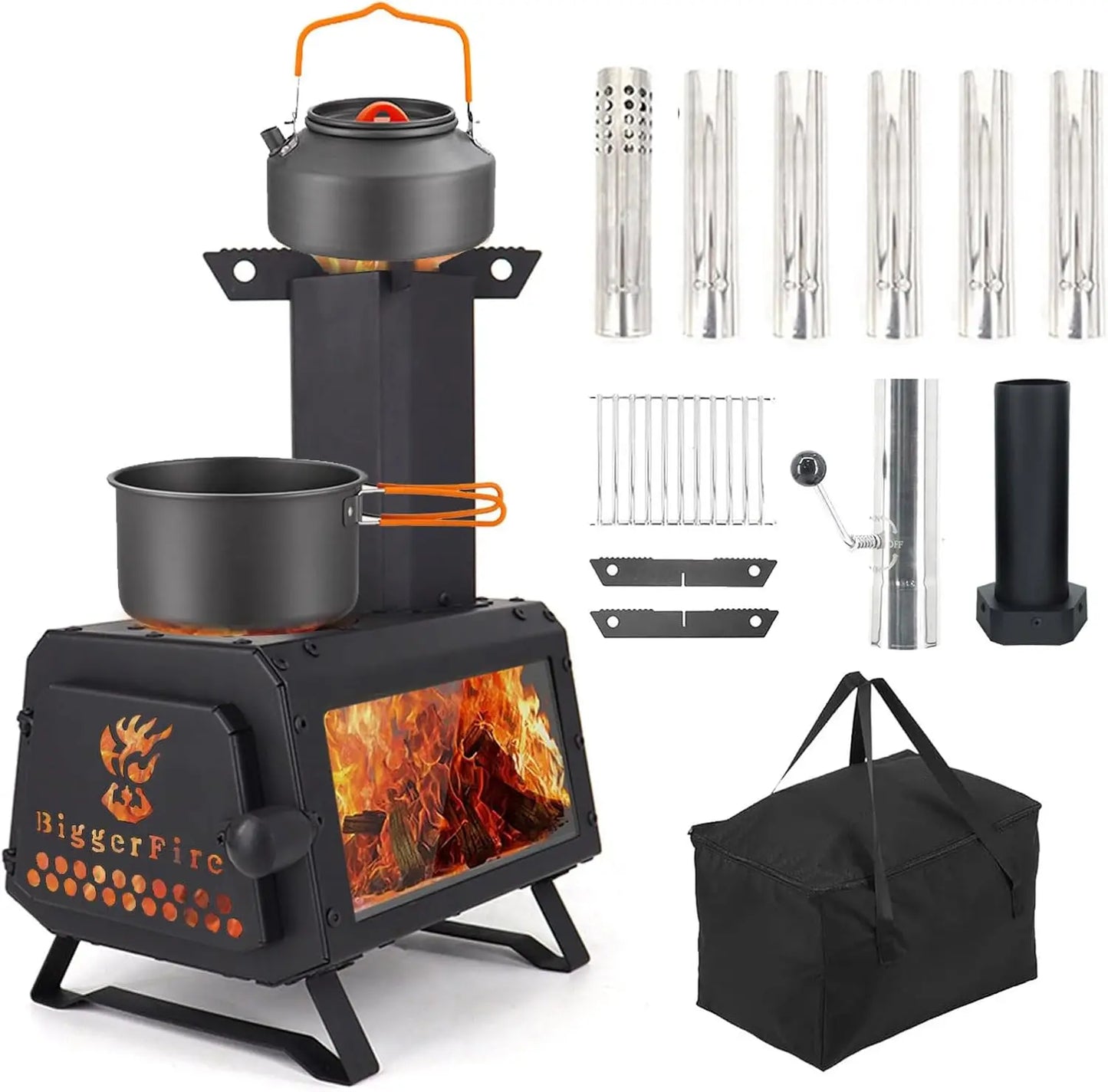 Wood Burning Stove with Fire Window,Portable Tent Stove with 7 Sectional Chimney Pipes,Sturdy Camping Wood Stove with X-shaped P