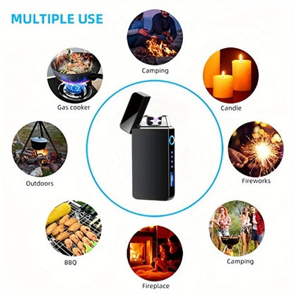 Windproof Dual Arc Plasma Lighter Metal Electric USB Rechargeable Flameless Lighter LED Power Display Portable Candles Camping