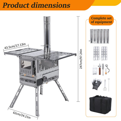 Camping Stove with Oven & Camping Table with Chimney Pipe Small Camping Wood Stove Stainless Steel for Heating Cooking Hunting