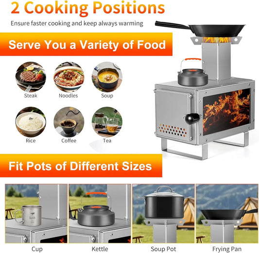 Camping Stove for Hot Tents, LAMA 304 Stainless Steel Wood Burning Stove with Stainless Wall Chimney Pipes for Tents, Shelter, O