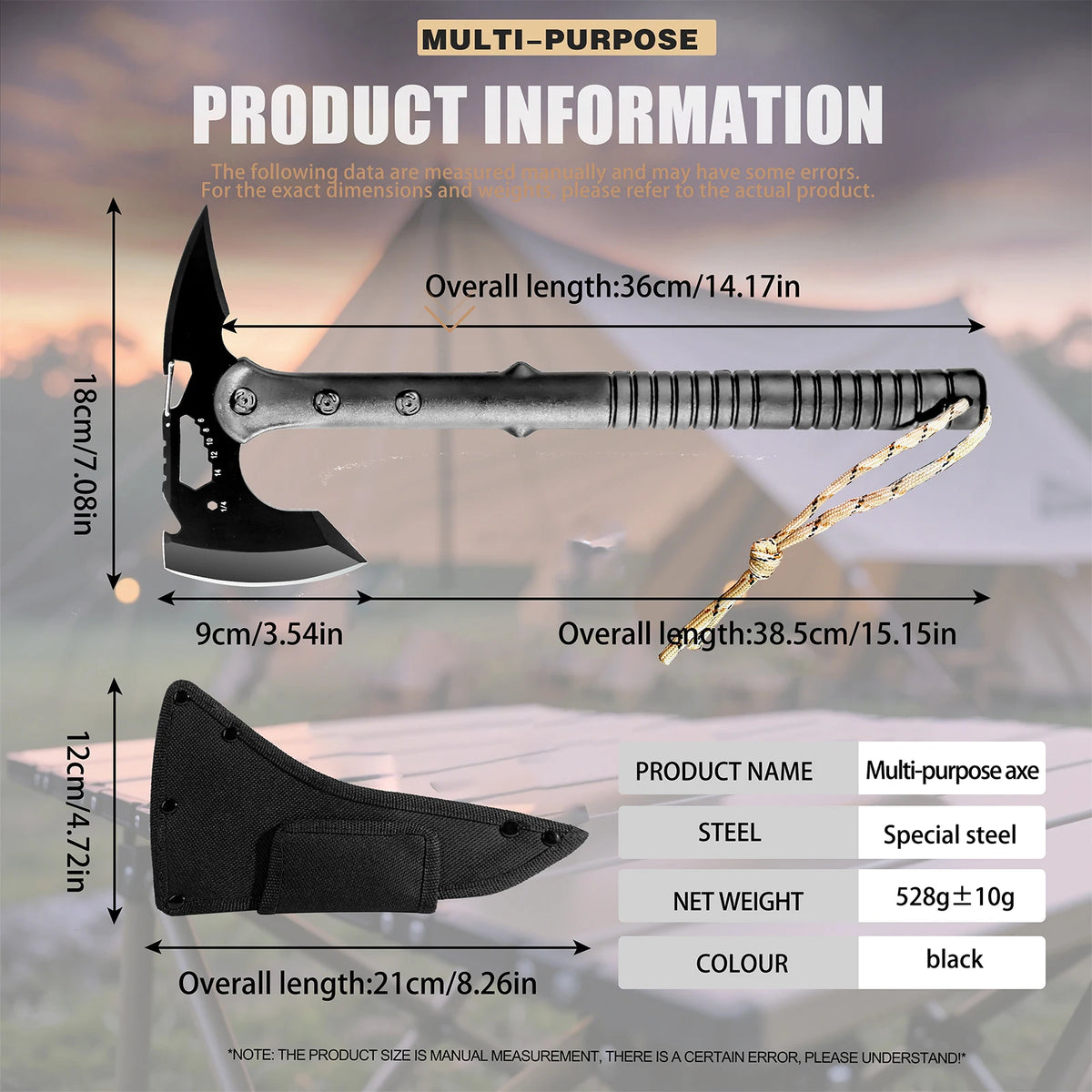 Multifunctional Outdoor Camping Utility Axe Non-slip Ribbed Handle Triple Rivet Reinforced With Bottle Opener Hex Wrench Emergency Hammer Portable Survival Gear For Camping Hiking Backpacking