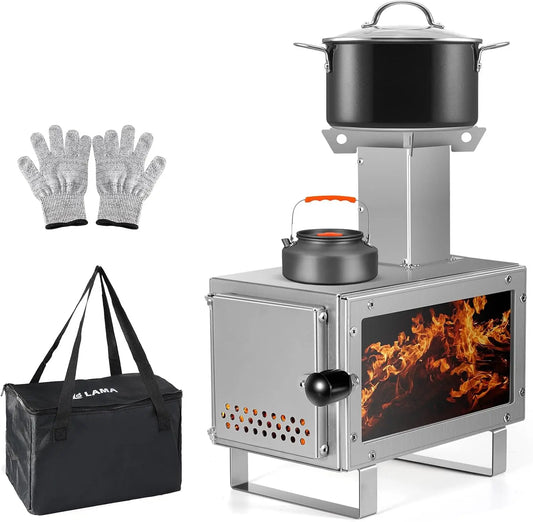Camping Stove for Hot Tents, LAMA 304 Stainless Steel Wood Burning Stove with Stainless Wall Chimney Pipes for Tents, Shelter, O