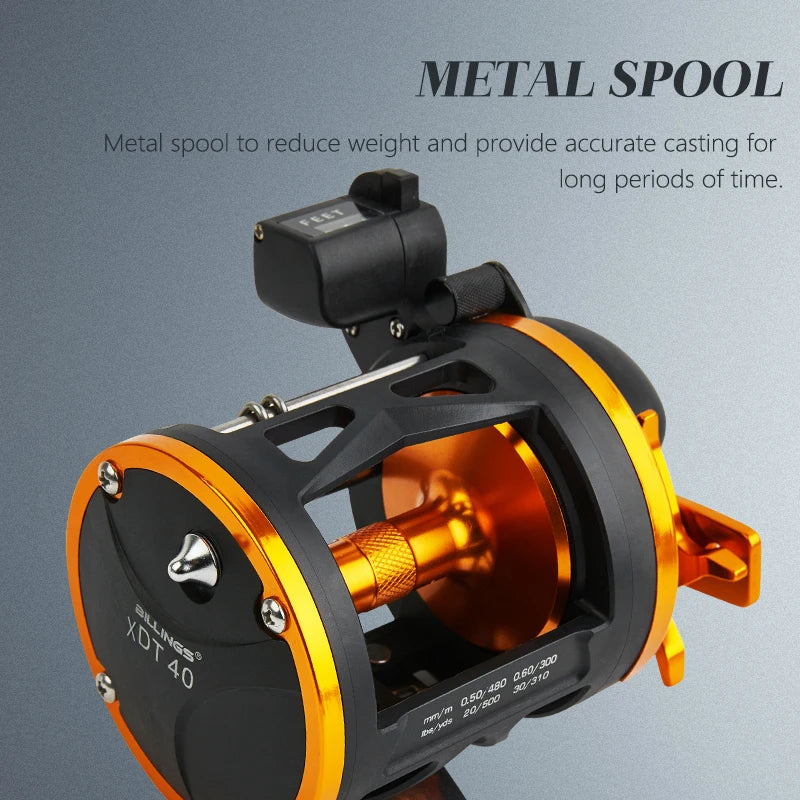 BILLINGS Line Counter Trolling Reel Conventional Level Wind Drum Fishing Reel Max Drag 15KG for Grouper Sea Bass Saltwater