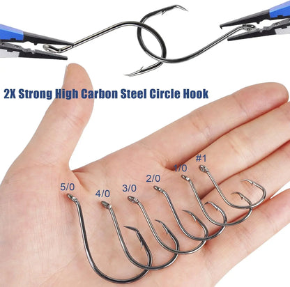 2X Strong Offset Circle Hooks for Saltwater and Freshwater Fishing, Black High Carbon Steel