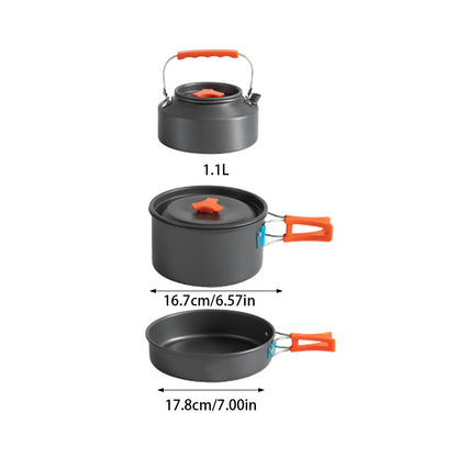 3pcs Camping Cookware Set Portable Non-Stick Aluminum Alloy Pot Pan 1.1L Kettle kit for Outdoor Survival Cooking Supplies