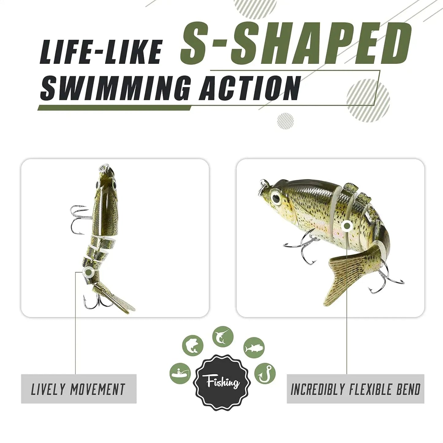 Easy Catch Fishing Lures with BKK Hooks, Wiggling, Vibrating, Rattling, Gurgling, Heavy-Duty Dyneema Fiber Jointed Swimbaits for Bass, Trout, Crappie