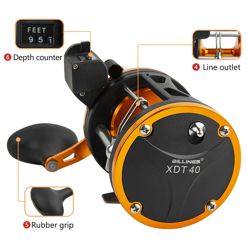 BILLINGS Line Counter Trolling Reel Conventional Level Wind Drum Fishing Reel Max Drag 15KG for Grouper Sea Bass Saltwater