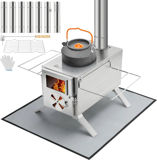 Hot Tent Stove, Portable Wood Burning Camping Stainless Steel Stove with Chimney Pipes for Tent, Outdoor, Heating, Cooking, Ice
