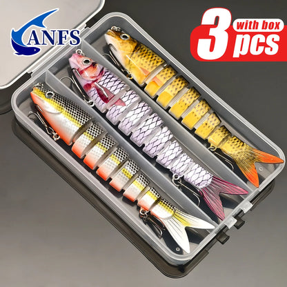 ANFS Fishing Lure kit of 3pcs with Lure Box, 8 Segment Multi Jointed Artificial Bait Slow Sinking Bionic Fishing Bait ,Cool Fishing Gear