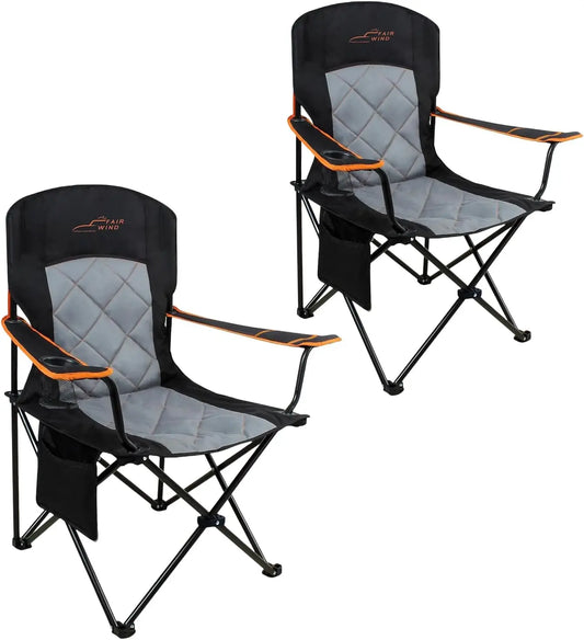 2 Pack Oversized Padded Camping Chair Heavy Duty Quad Fold Arm Support 350 LBS with Cup Holder Portable Outdoor Black