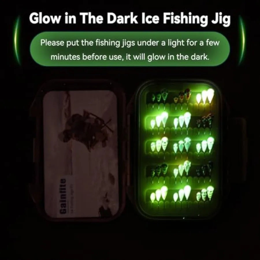 Ice Fishing Jigs Kit 15/21/30/45-Piece 3.2/4/5/6mm Glow in Dark Tear Drop Lures with 2-Sided Waterproof Tackle Box for