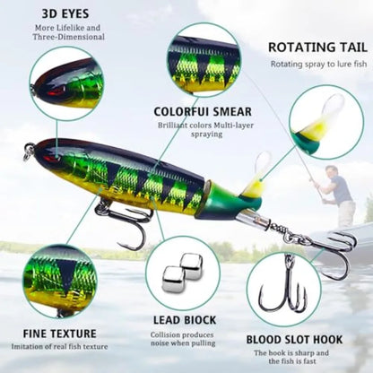 Topwater Fishing Lures With Storage Box, Whopper Popper for Bass, Catfish, Pike, Perch - Floating Pencil Bait With Rotating Tai