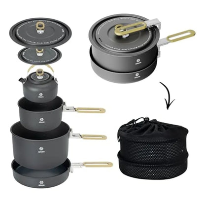 Lightweight Camping Pots and Pans Set with Kettle - Portable Outdoor Cookware Mess Kit for 2 - Durable Aluminum Cooking Gear in