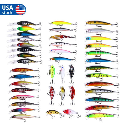 43PCS Lot Mixed Minnow Fishing Lures Hard Bait Crankbaits Bass Hooks Tackle