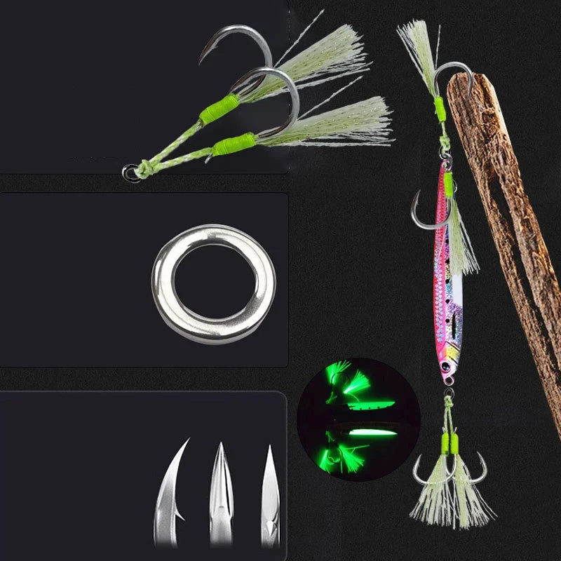 10 Pairs/Bag Double Barbed Assist Hooks, Glow Jig Lure Hooks High Carbon Steel Fishing Accessories, Slow Jigging Hooks Pesca