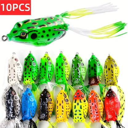 10pcs Frog Shape Lure Soft Tube Bait Plastic Fishing Lure with Fishing Hooks Topwater Ray Frog Artificial 3D Eyes