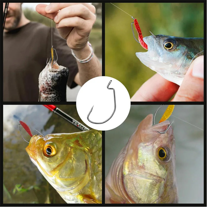 100Pcs EWG Offset Worm Hook Wide Gap Bait Jig Soft Plastic Lure Fishing Hooks for Bass Trout Saltwater Freshwater Fishing