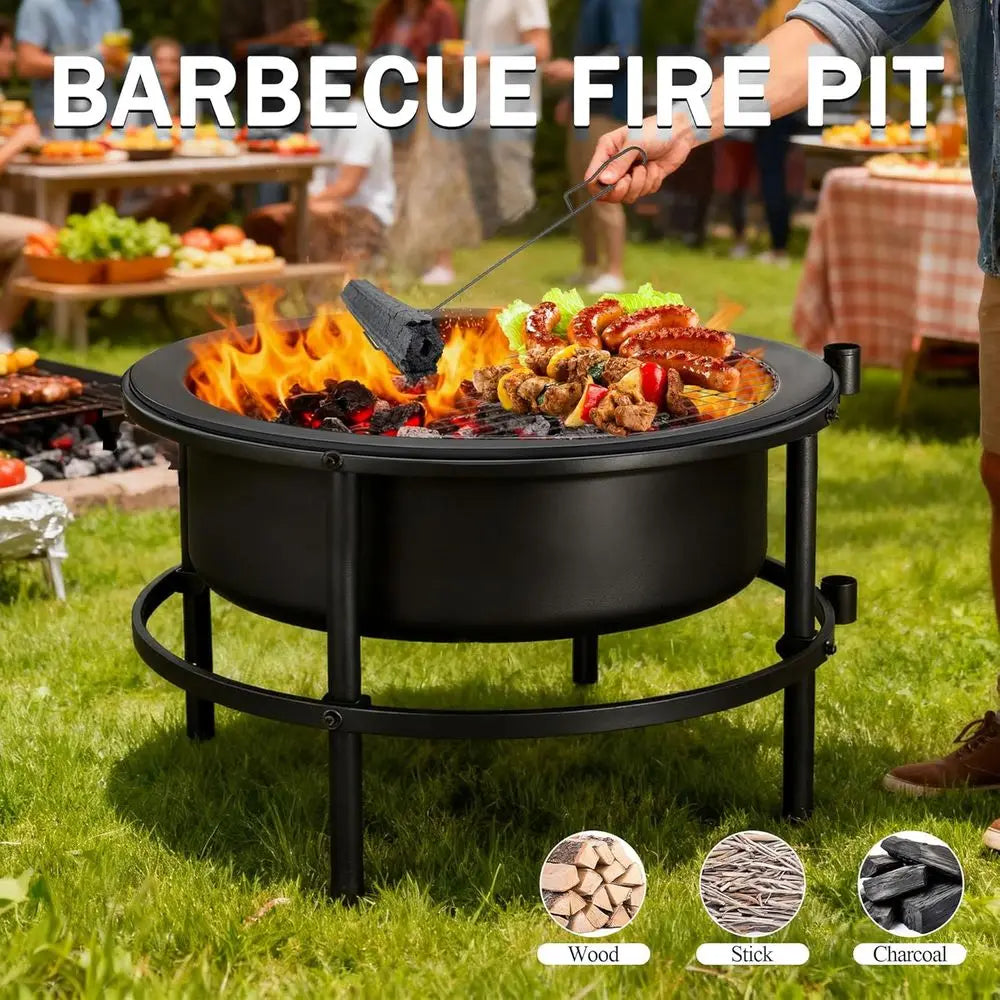 Fire Pits for Outside Wood Burning, 52" Large Outdoor Fire Pit Stove with Roating Table and BBQ Grill, Cold Finished Steel Round