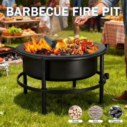 Fire Pits for Outside Wood Burning, 52" Large Outdoor Fire Pit Stove with Roating Table and BBQ Grill, Cold Finished Steel Round