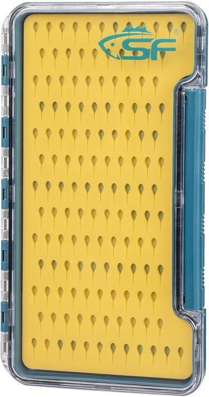 Slim Fly Fishing Box - Thin Trout Flies Storage, Clear Lid, Yellow Silicone, Waterproof, Large