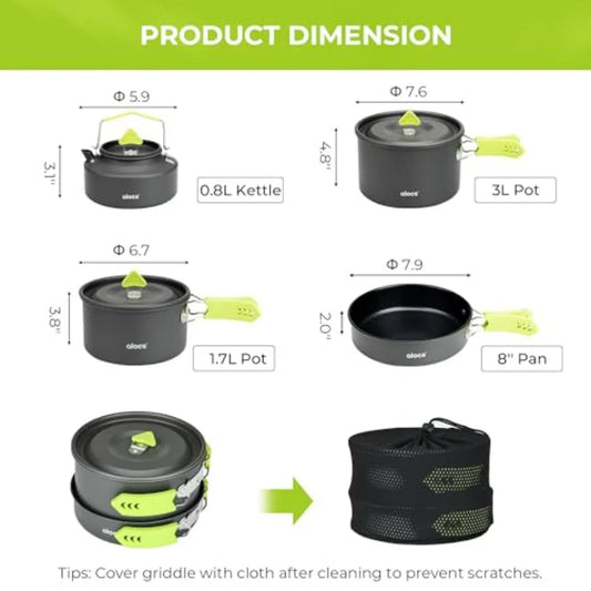 Lightweight Portable Camping Cookware Set with 3L Pot 1.7L Pot 8 Non-Stick Frying Pan 0.8L Kettle for Outdoor Cooking Backpacki