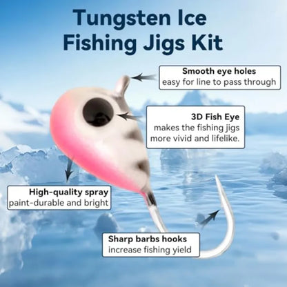 Ice Fishing Jigs Kit 15/21/30/45-Piece 3.2/4/5/6mm Glow in Dark Tear Drop Lures with 2-Sided Waterproof Tackle Box for
