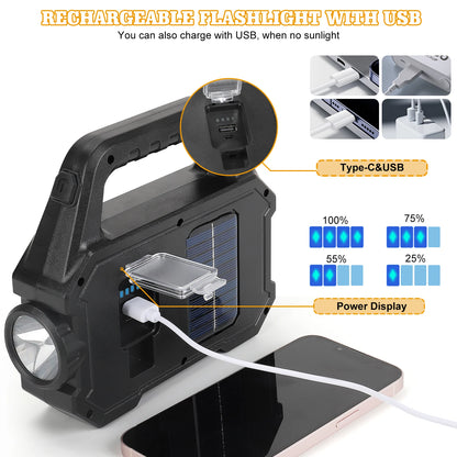 2000LM Solar-Powered LED Flashlight - Rechargeable Camping/Work Light with 6 Modes, IPX7 Waterproof for Outdoor Emergency Hiking