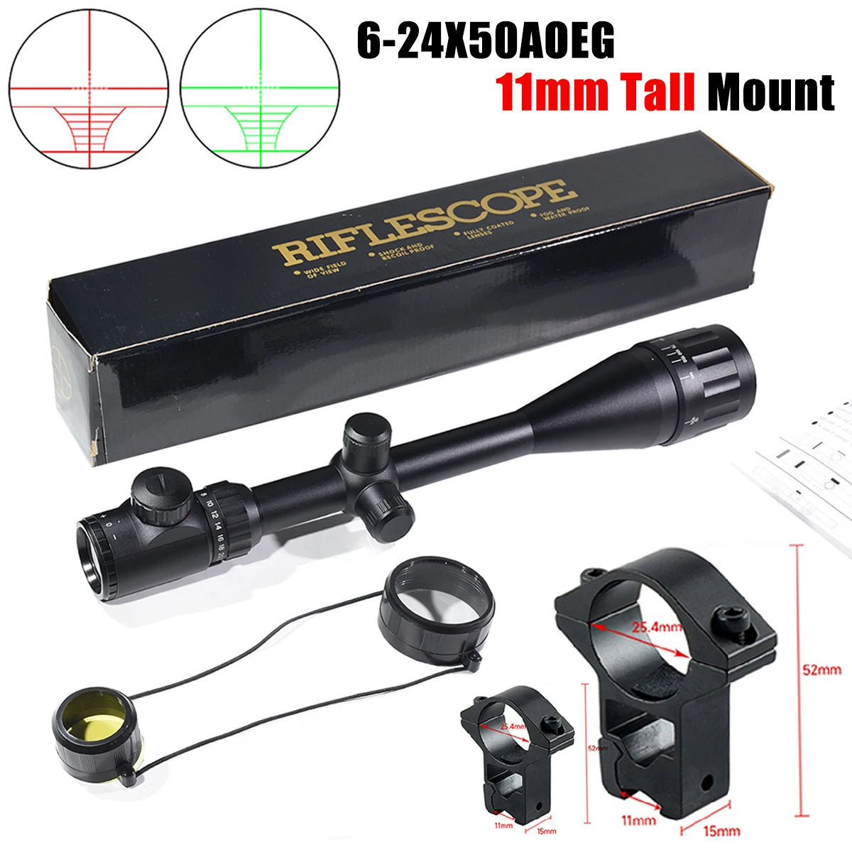 Tactical 6-24X50AOEG  Riflescope Outdoor Hunting Optical Scope Red Green Illuminated Reflex Sight Airsoft Air Gun Accessory