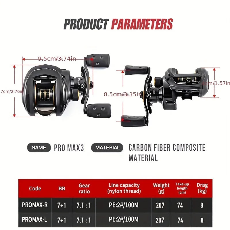 BILLINGS Baitcasting Reel 8KG Max Drag Carbon Fiber Main Body  7.1:1 High Gear Ratio 7+1BB Ultra Smooth Professional Bait Caster Fishing Reels for Freshwater Saltwater