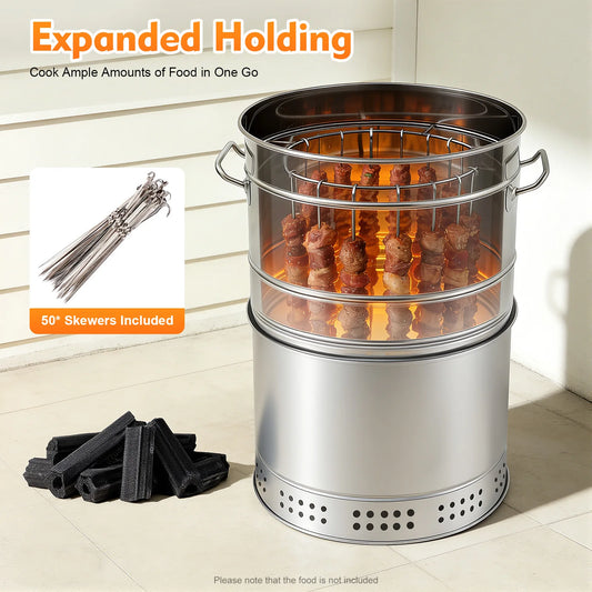 Charcoal Barbecue Grill Portable Outdoor- 360° Even Heating Stainless Steel Oil-Carbon Separation with 50 Skewers Camping/Picnic