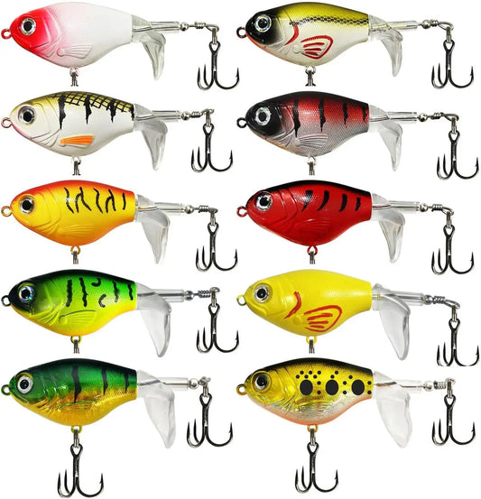 10Pcs Topwater Fishing Lures With Spinning Floating Tail Plopping Whopper Lures Equipped With Barbed Treble Hooks Suitable For Freshwater And Saltwater Bass Fishing