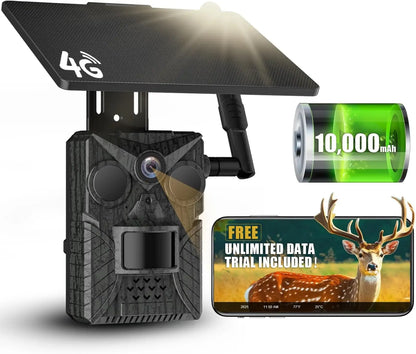 4G LTE Solar Trail Camera, 2K HD Live View, No-Glow Night Vision, 0.2s Trigger, 10000mAh Battery, IP66 for Hunting & Farm