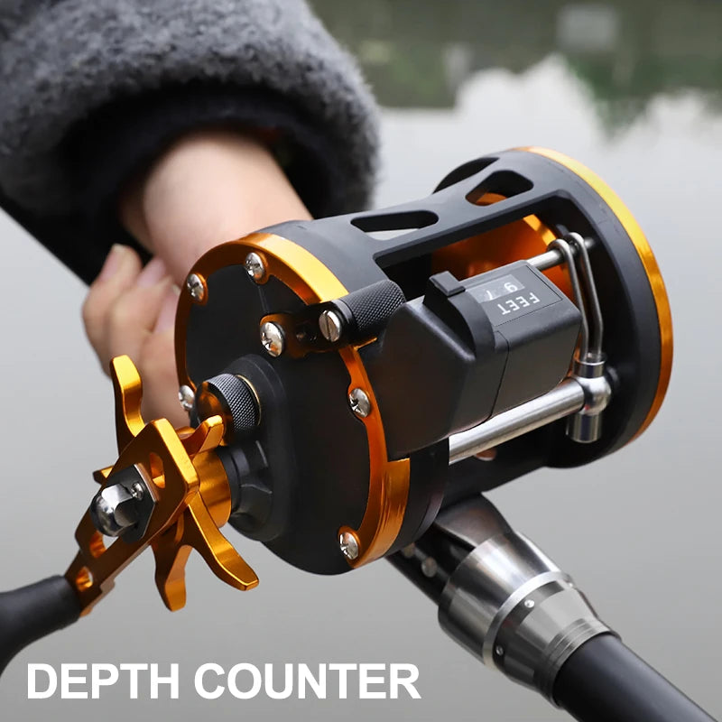 BILLINGS Line Counter Trolling Reel Conventional Level Wind Drum Fishing Reel Max Drag 15KG for Grouper Sea Bass Saltwater